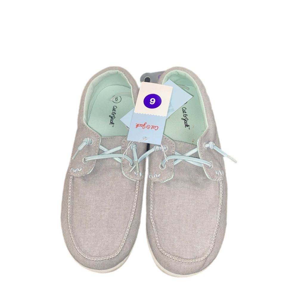 Cat & Jack Big Boys Briar Slip-On Casual Light Gray & Teal Canvas Shoes Size 6